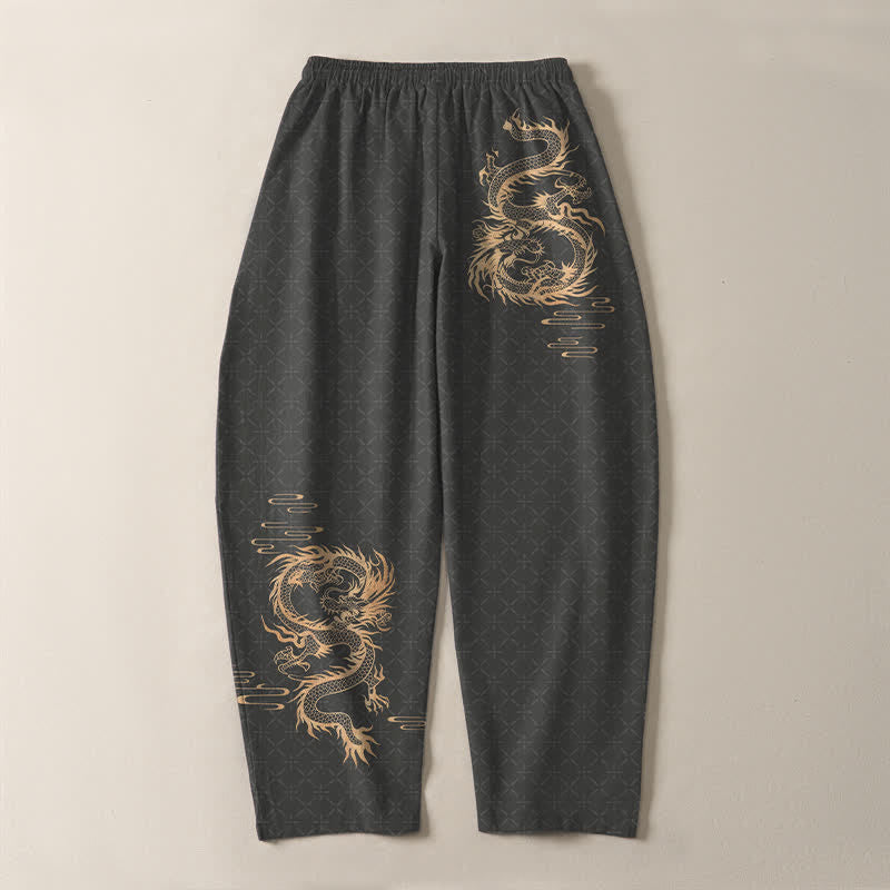 Buddha Stones Pantaloni da uomo affusolati in puro cotone con motivo drago dorato e coulisse, con tasche. - image 3