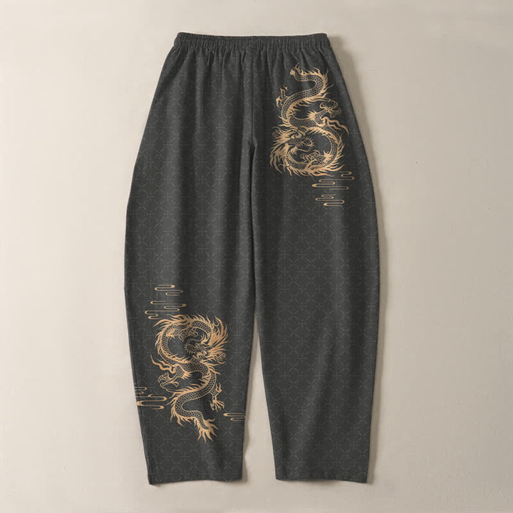 Buddha Stones Pantaloni da uomo affusolati in puro cotone con motivo drago dorato e coulisse, con tasche. - image 3
