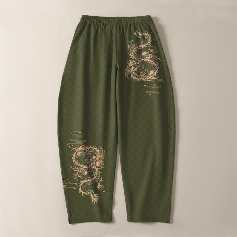 Buddha Stones Pantaloni da uomo affusolati in puro cotone con motivo drago dorato e coulisse, con tasche. - image 10