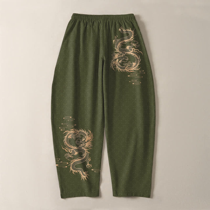 Buddha Stones Pantaloni da uomo affusolati in puro cotone con motivo drago dorato e coulisse, con tasche. - image 10