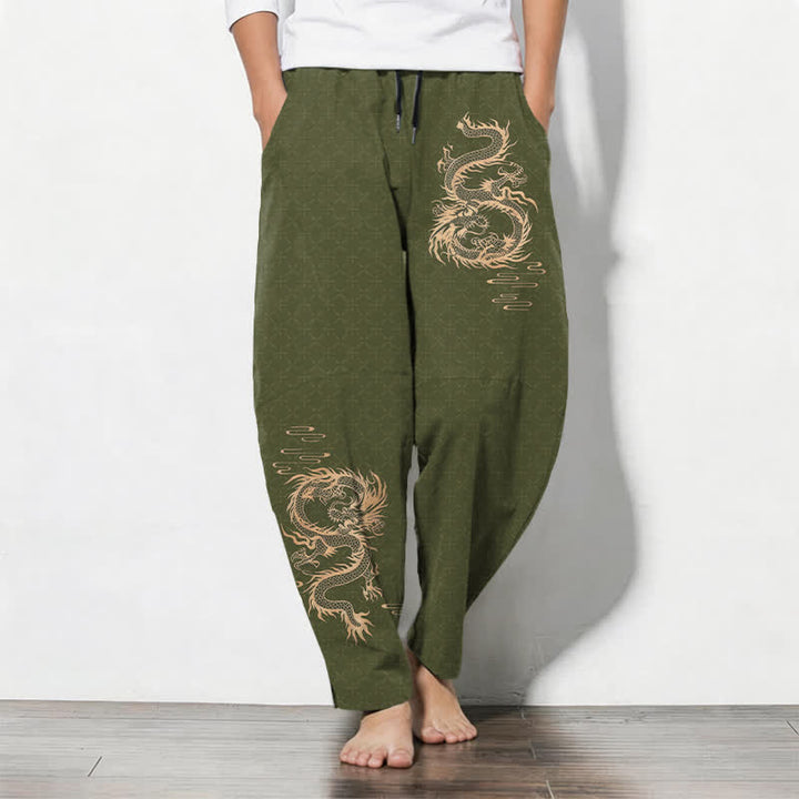 Buddha Stones Pantaloni da uomo affusolati in puro cotone con motivo drago dorato e coulisse, con tasche. - Verde oliva - US/UK/AU50, EU60 (5XL) - image 7