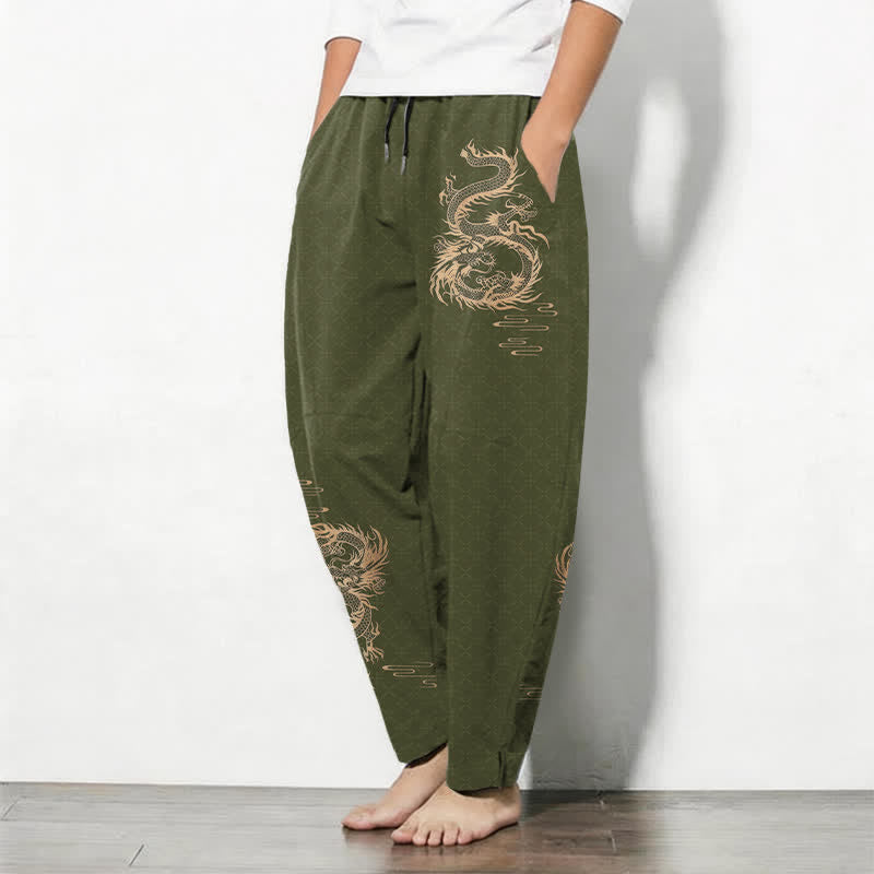 Buddha Stones Pantaloni da uomo affusolati in puro cotone con motivo drago dorato e coulisse, con tasche. - image 8
