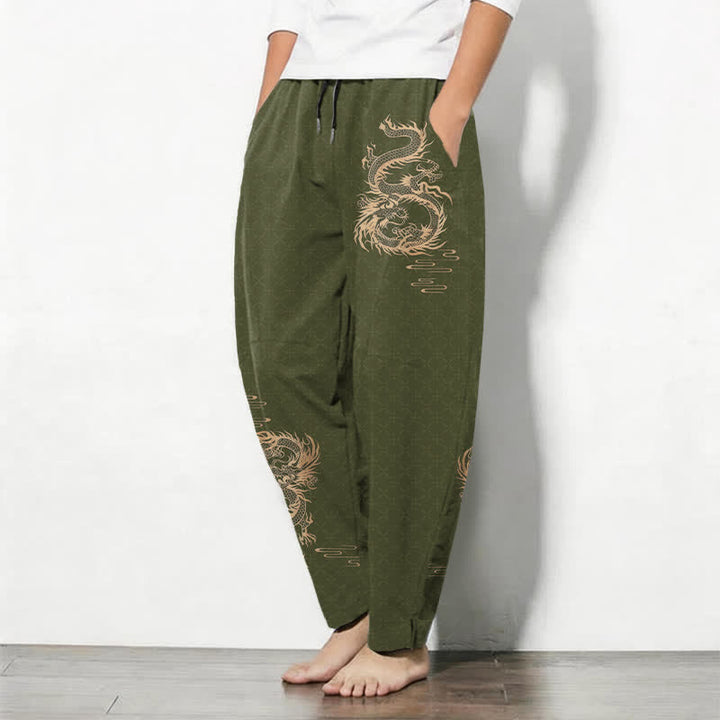 Buddha Stones Pantaloni da uomo affusolati in puro cotone con motivo drago dorato e coulisse, con tasche. - image 8