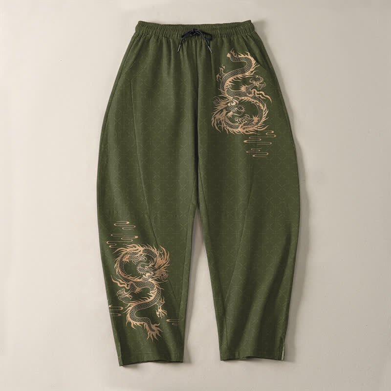 Buddha Stones Pantaloni da uomo affusolati in puro cotone con motivo drago dorato e coulisse, con tasche. - image 9