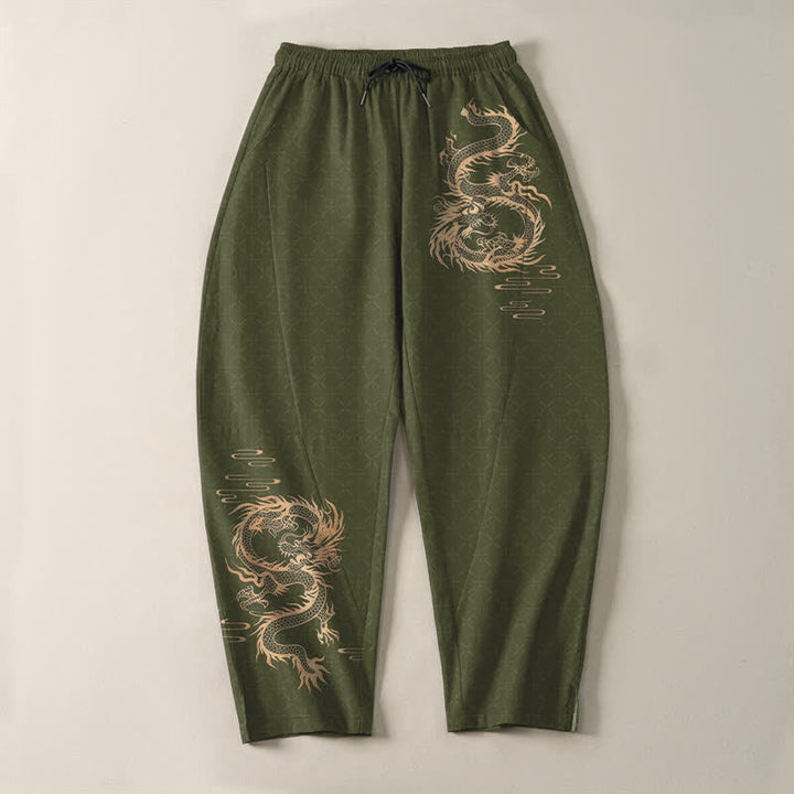 Buddha Stones Pantaloni da uomo affusolati in puro cotone con motivo drago dorato e coulisse, con tasche. - image 9