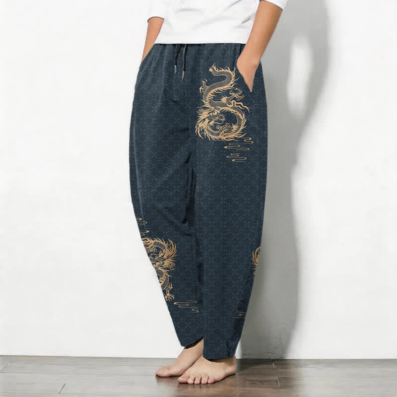 Buddha Stones Pantaloni da uomo affusolati in puro cotone con motivo drago dorato e coulisse, con tasche. - image 12