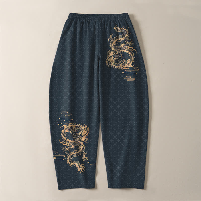 Buddha Stones Pantaloni da uomo affusolati in puro cotone con motivo drago dorato e coulisse, con tasche. - image 14