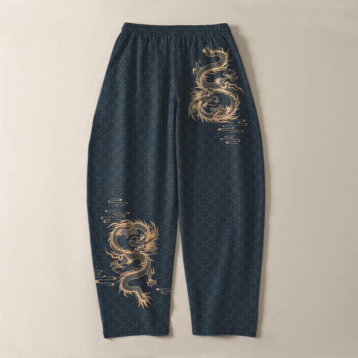 Buddha Stones Pantaloni da uomo affusolati in puro cotone con motivo drago dorato e coulisse, con tasche. - image 14