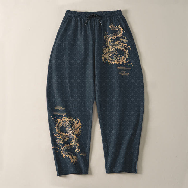 Buddha Stones Pantaloni da uomo affusolati in puro cotone con motivo drago dorato e coulisse, con tasche. - image 13