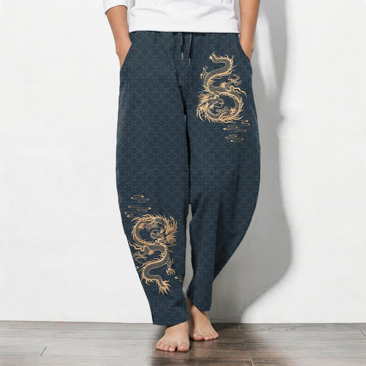 Buddha Stones Pantaloni da uomo affusolati in puro cotone con motivo drago dorato e coulisse, con tasche. - Grigio ardesia scuro - US/UK/AU50, EU60 (5XL) - image 11