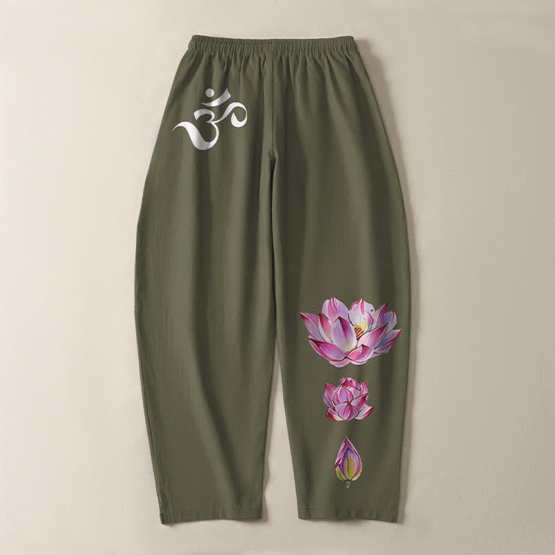 Buddha Stones Pantaloni da uomo affusolati in puro cotone rosa con motivo loto Om e coulisse, con tasche. - image 3