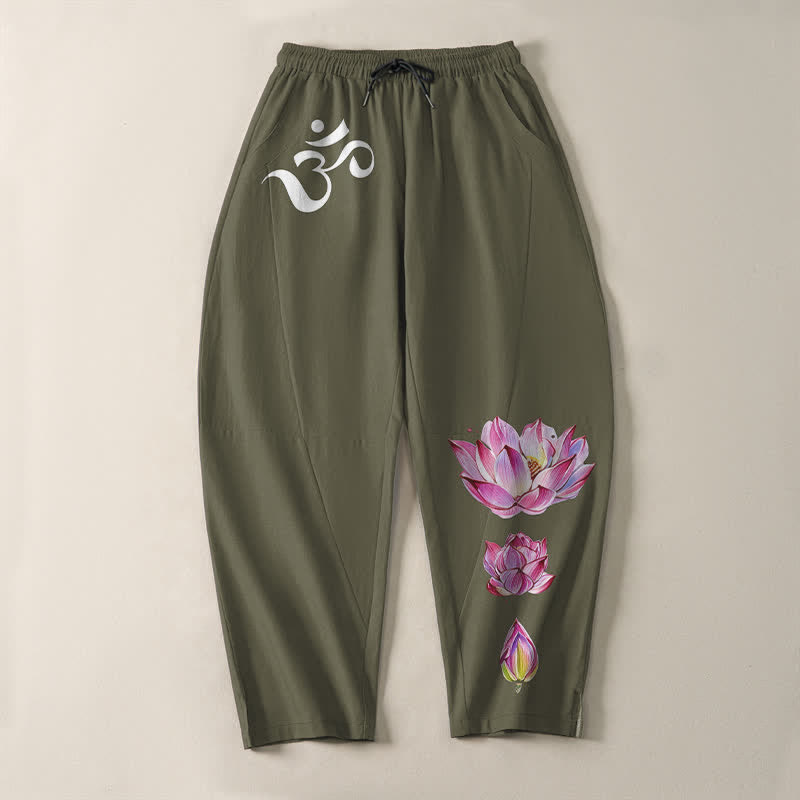 Buddha Stones Pantaloni da uomo affusolati in puro cotone rosa con motivo loto Om e coulisse, con tasche. - image 2