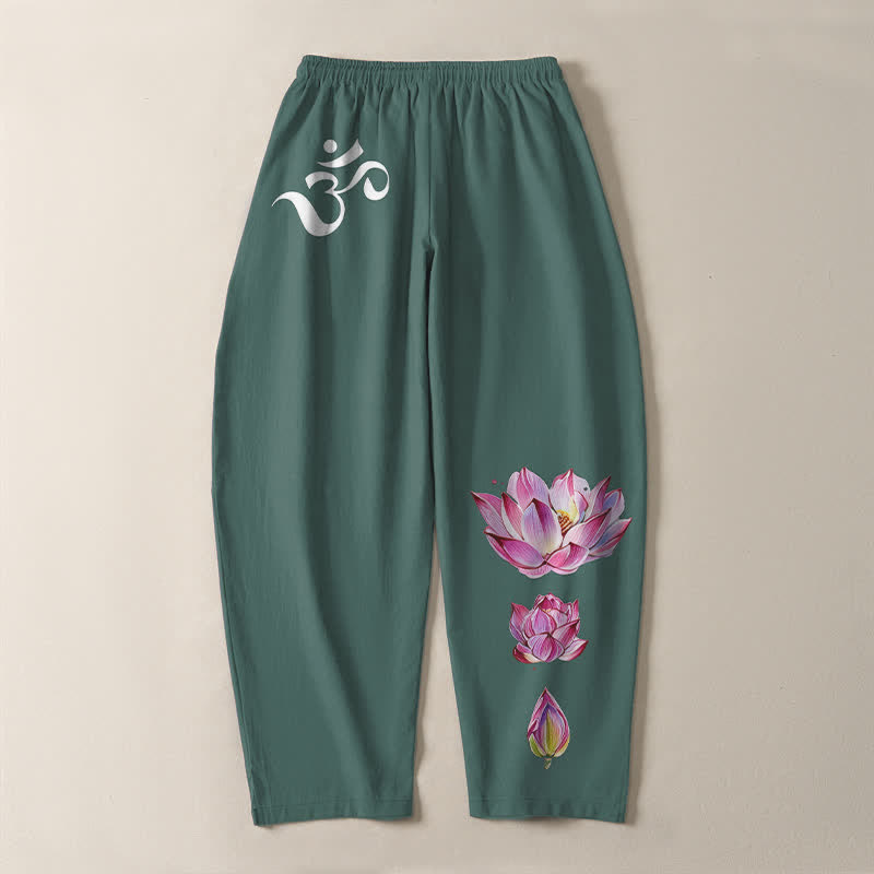 Buddha Stones Pantaloni da uomo affusolati in puro cotone rosa con motivo loto Om e coulisse, con tasche. - image 10