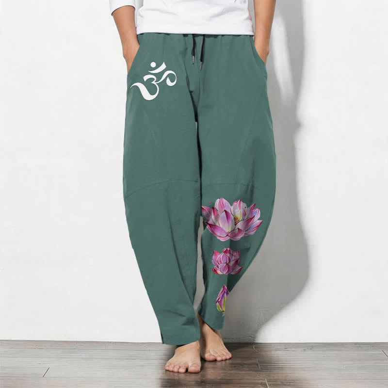 Buddha Stones Pantaloni da uomo affusolati in puro cotone rosa con motivo loto Om e coulisse, con tasche. - Verde acqua - US/UK/AU50, EU60 (5XL) - image 7