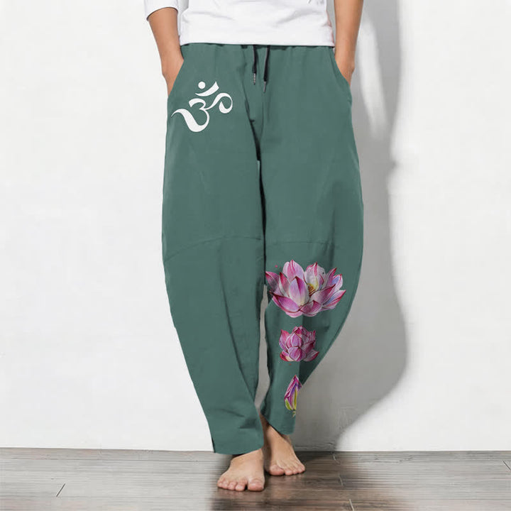 Buddha Stones Pantaloni da uomo affusolati in puro cotone rosa con motivo loto Om e coulisse, con tasche. - Verde acqua - US/UK/AU50, EU60 (5XL) - image 7