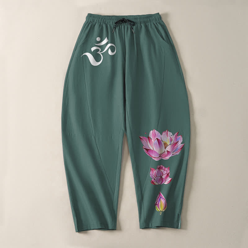 Buddha Stones Pantaloni da uomo affusolati in puro cotone rosa con motivo loto Om e coulisse, con tasche. - image 9