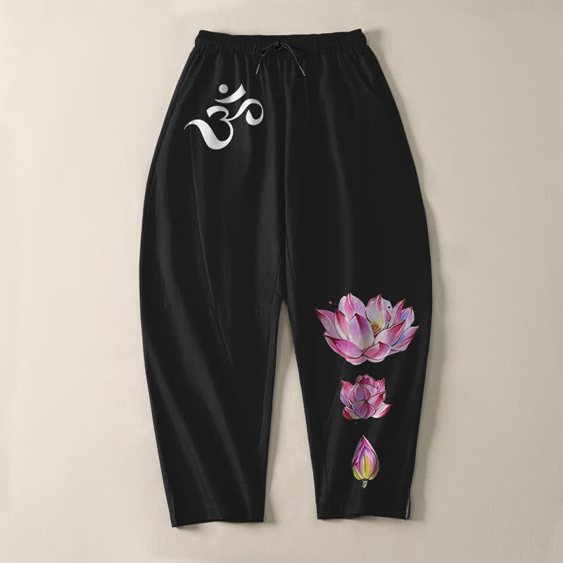 Buddha Stones Pantaloni da uomo affusolati in puro cotone rosa con motivo loto Om e coulisse, con tasche. - image 13