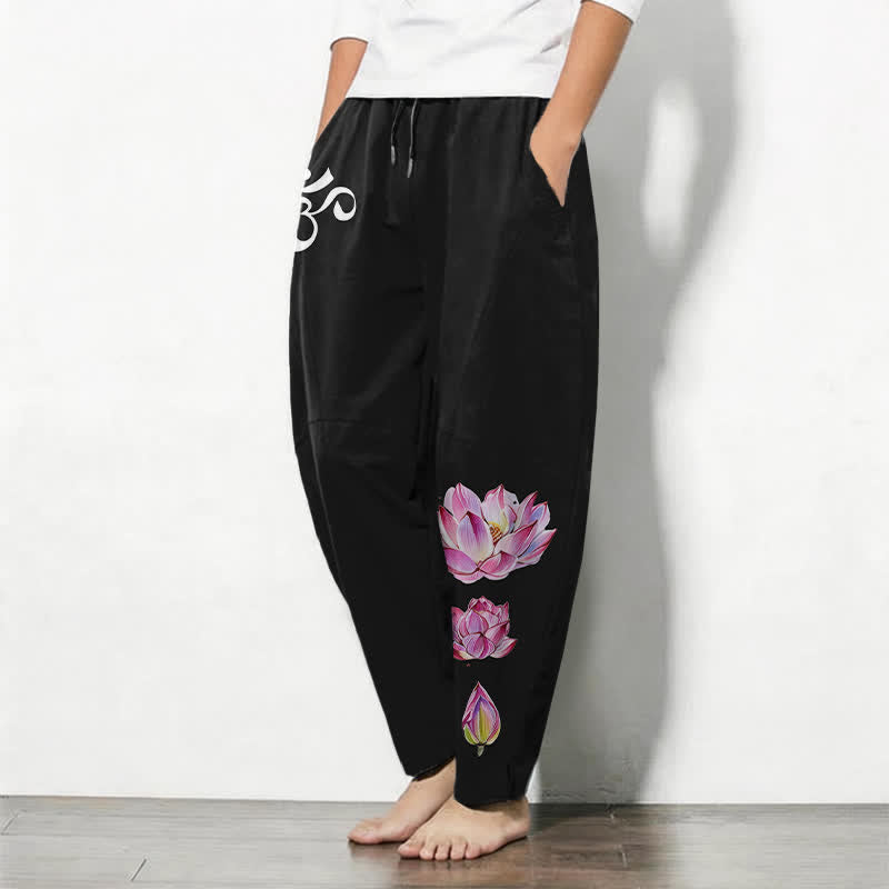 Buddha Stones Pantaloni da uomo affusolati in puro cotone rosa con motivo loto Om e coulisse, con tasche. - image 12
