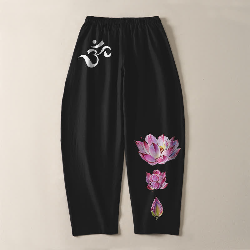 Buddha Stones Pantaloni da uomo affusolati in puro cotone rosa con motivo loto Om e coulisse, con tasche. - image 14