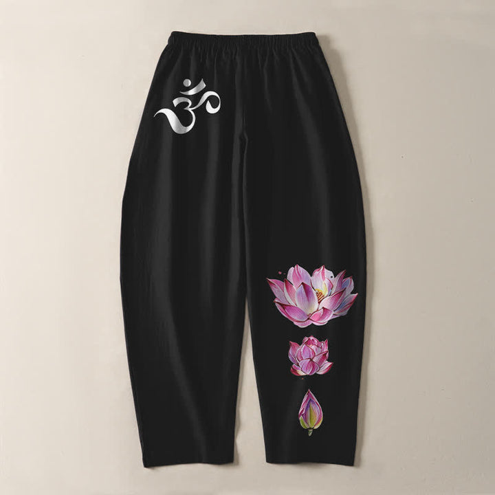 Buddha Stones Pantaloni da uomo affusolati in puro cotone rosa con motivo loto Om e coulisse, con tasche. - image 14
