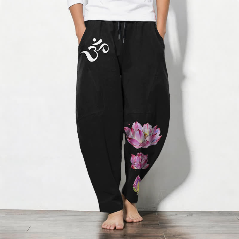 Buddha Stones Pantaloni da uomo affusolati in puro cotone rosa con motivo loto Om e coulisse, con tasche. - Nero - US/UK/AU50, EU60 (5XL) - image 11