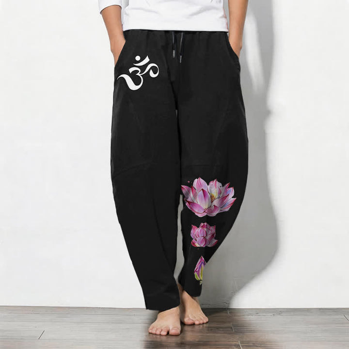 Buddha Stones Pantaloni da uomo affusolati in puro cotone rosa con motivo loto Om e coulisse, con tasche. - Nero - US/UK/AU50, EU60 (5XL) - image 11