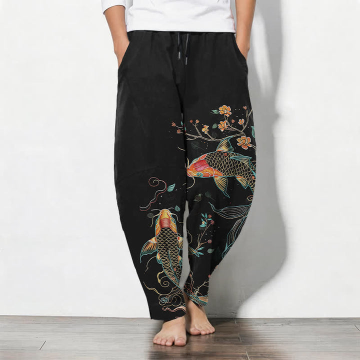 Buddha Stones Pantaloni da uomo affusolati con coulisse e tasche, in puro cotone, con motivo floreale e pesci koi. - Nero - US/UK/AU50, EU60 (5XL) - image 0