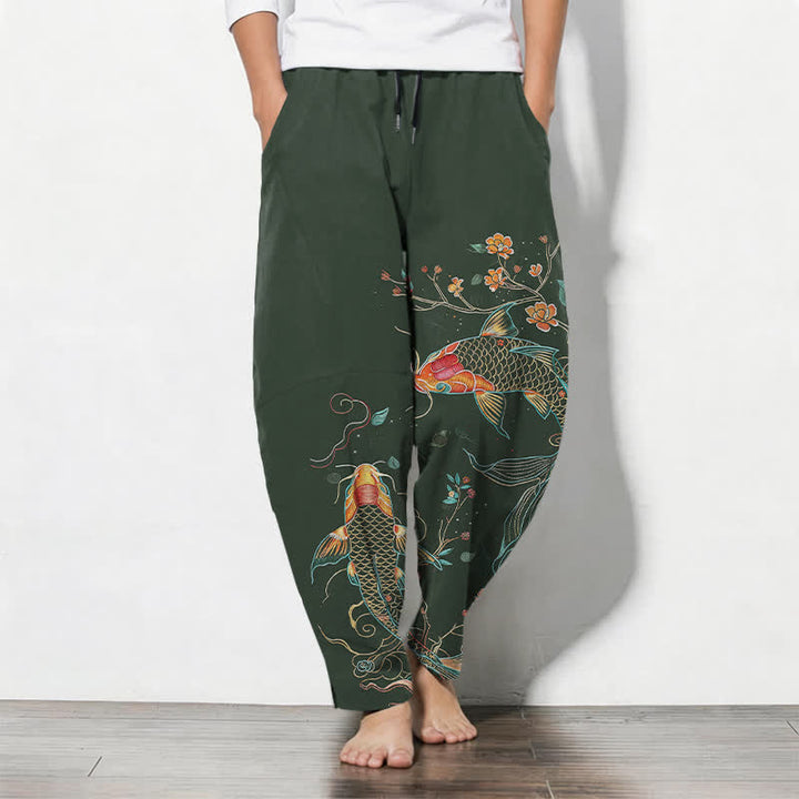 Buddha Stones Pantaloni da uomo affusolati con coulisse e tasche, in puro cotone, con motivo floreale e pesci koi. - Verde scuro - US/UK/AU50, EU60 (5XL) - image 7