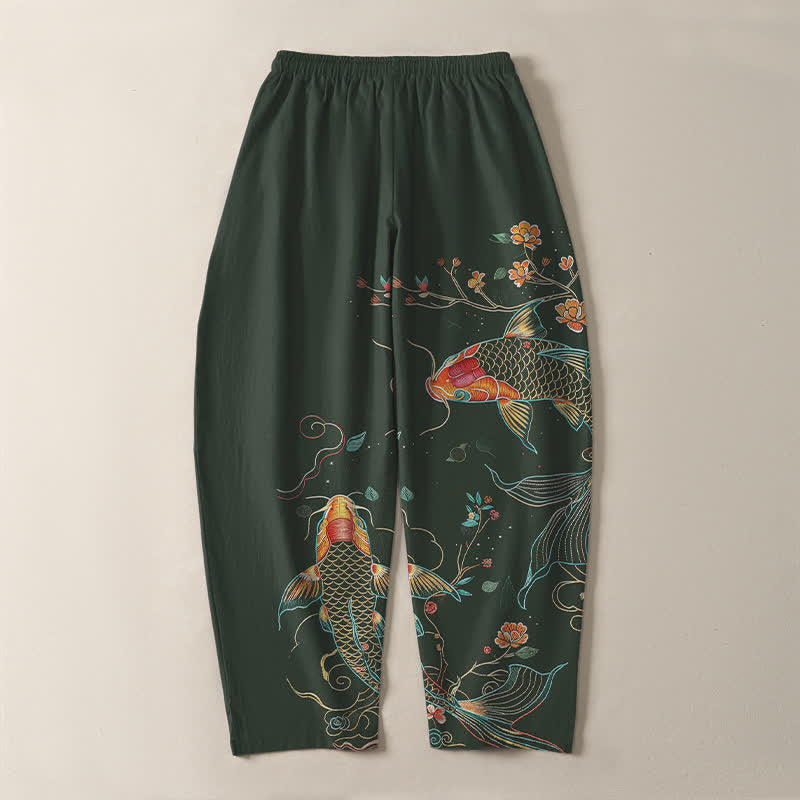 Buddha Stones Pantaloni da uomo affusolati con coulisse e tasche, in puro cotone, con motivo floreale e pesci koi. - image 10