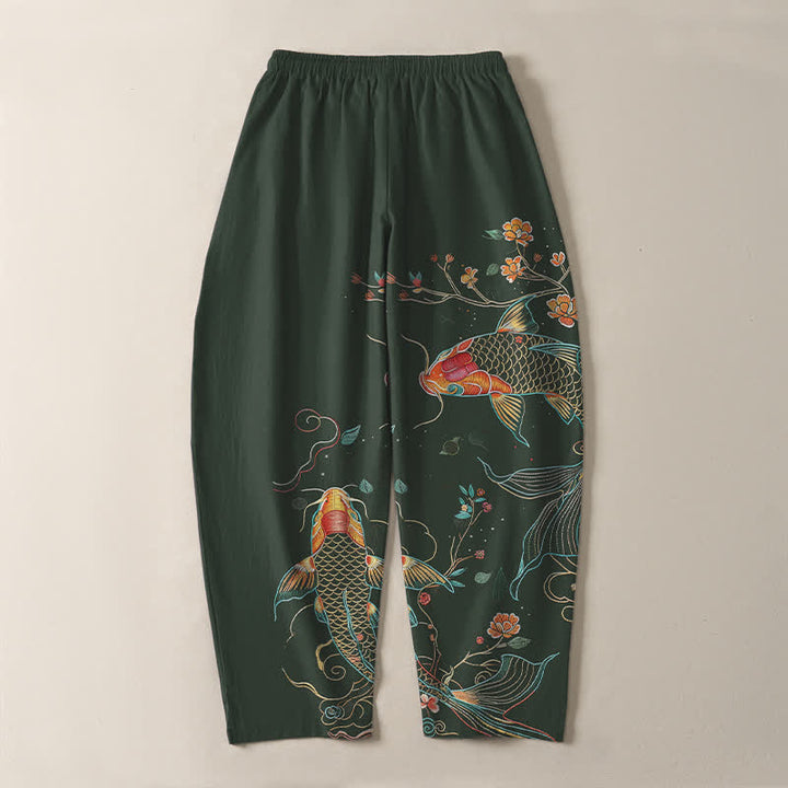 Buddha Stones Pantaloni da uomo affusolati con coulisse e tasche, in puro cotone, con motivo floreale e pesci koi. - image 10
