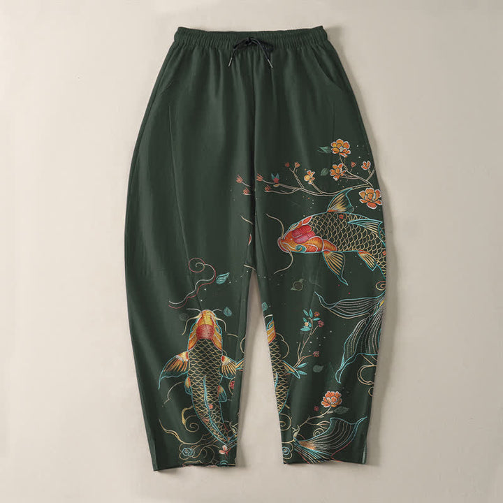 Buddha Stones Pantaloni da uomo affusolati con coulisse e tasche, in puro cotone, con motivo floreale e pesci koi. - image 9
