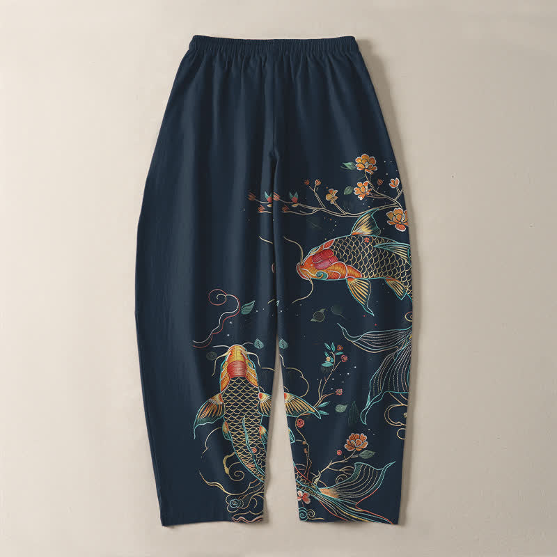 Buddha Stones Pantaloni da uomo affusolati con coulisse e tasche, in puro cotone, con motivo floreale e pesci koi. - image 14