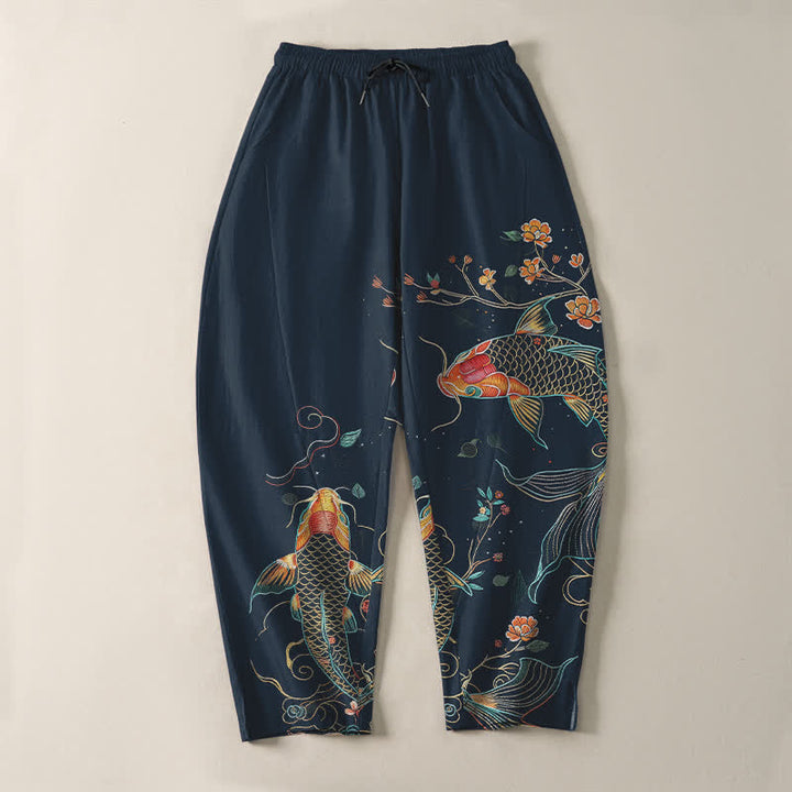 Buddha Stones Pantaloni da uomo affusolati con coulisse e tasche, in puro cotone, con motivo floreale e pesci koi. - image 13
