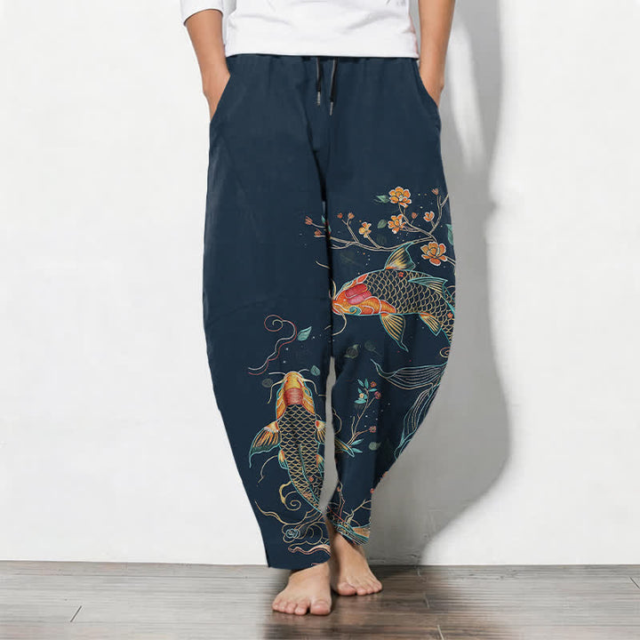 Buddha Stones Pantaloni da uomo affusolati con coulisse e tasche, in puro cotone, con motivo floreale e pesci koi. - Marina - US/UK/AU50, EU60 (5XL) - image 11