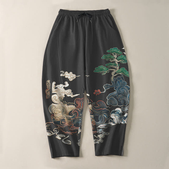 Buddha Stones Pantaloni da uomo affusolati con coulisse e tasche, in puro cotone, con motivo a onde Cloud Pine. - image 2