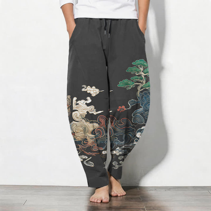 Buddha Stones Pantaloni da uomo affusolati con coulisse e tasche, in puro cotone, con motivo a onde Cloud Pine. - Grigio tenue - US/UK/AU50, EU60 (5XL) - image 0