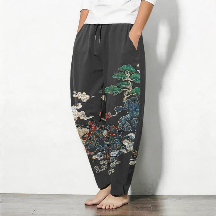 Buddha Stones Pantaloni da uomo affusolati con coulisse e tasche, in puro cotone, con motivo a onde Cloud Pine. - image 1