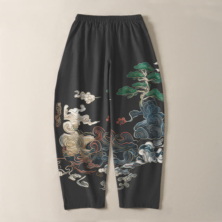 Buddha Stones Pantaloni da uomo affusolati con coulisse e tasche, in puro cotone, con motivo a onde Cloud Pine. - image 3