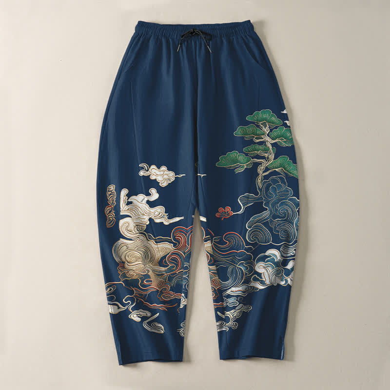 Buddha Stones Pantaloni da uomo affusolati con coulisse e tasche, in puro cotone, con motivo a onde Cloud Pine. - image 9