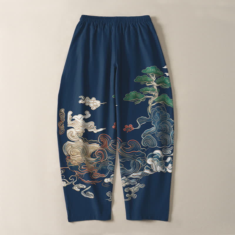 Buddha Stones Pantaloni da uomo affusolati con coulisse e tasche, in puro cotone, con motivo a onde Cloud Pine. - image 10