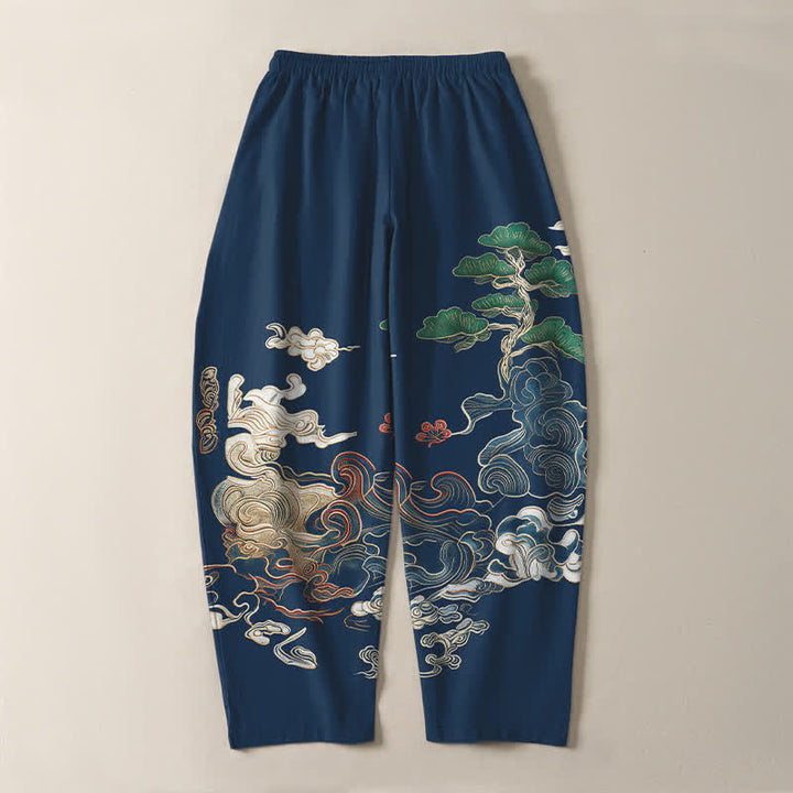 Buddha Stones Pantaloni da uomo affusolati con coulisse e tasche, in puro cotone, con motivo a onde Cloud Pine. - image 10