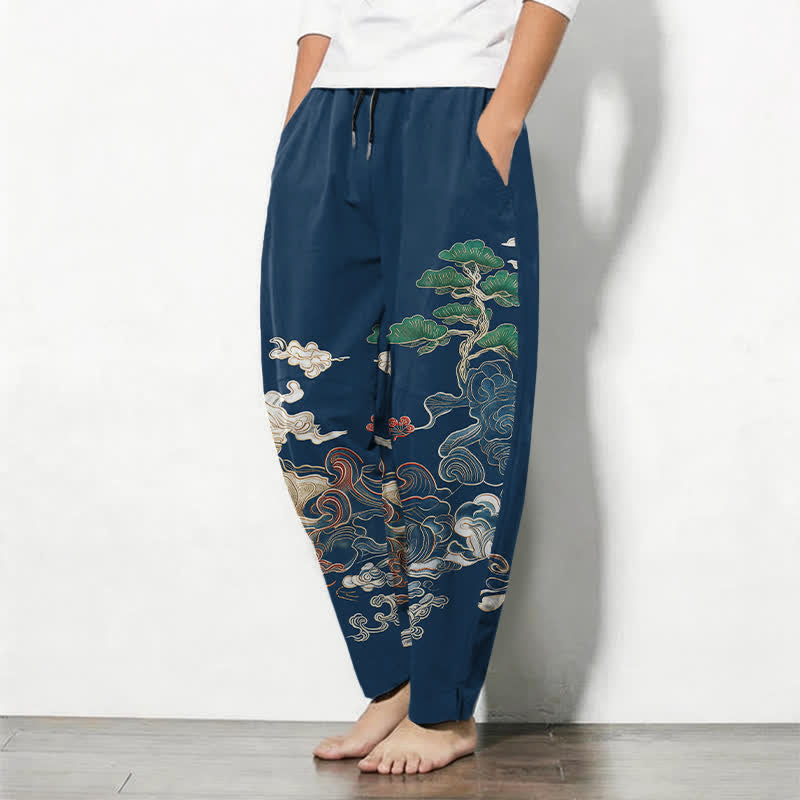 Buddha Stones Pantaloni da uomo affusolati con coulisse e tasche, in puro cotone, con motivo a onde Cloud Pine. - image 8