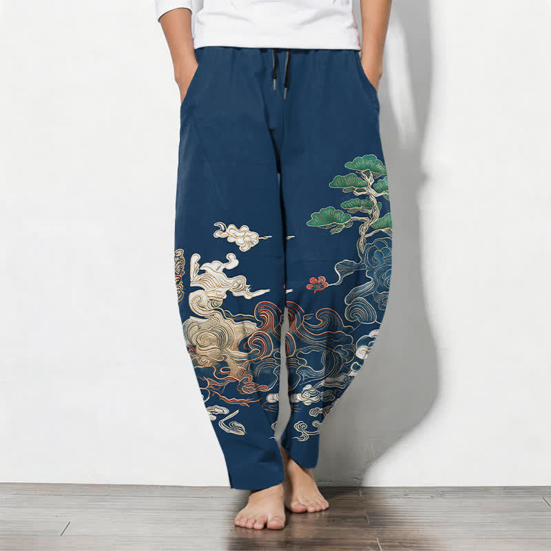 Buddha Stones Pantaloni da uomo affusolati con coulisse e tasche, in puro cotone, con motivo a onde Cloud Pine. - Marina - US/UK/AU50, EU60 (5XL) - image 7