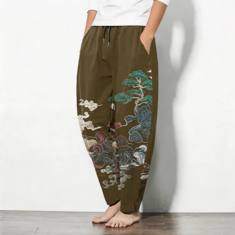 Buddha Stones Pantaloni da uomo affusolati con coulisse e tasche, in puro cotone, con motivo a onde Cloud Pine. - image 12