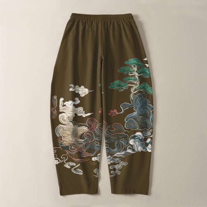 Buddha Stones Pantaloni da uomo affusolati con coulisse e tasche, in puro cotone, con motivo a onde Cloud Pine. - image 14
