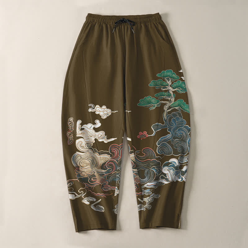 Buddha Stones Pantaloni da uomo affusolati con coulisse e tasche, in puro cotone, con motivo a onde Cloud Pine. - image 13
