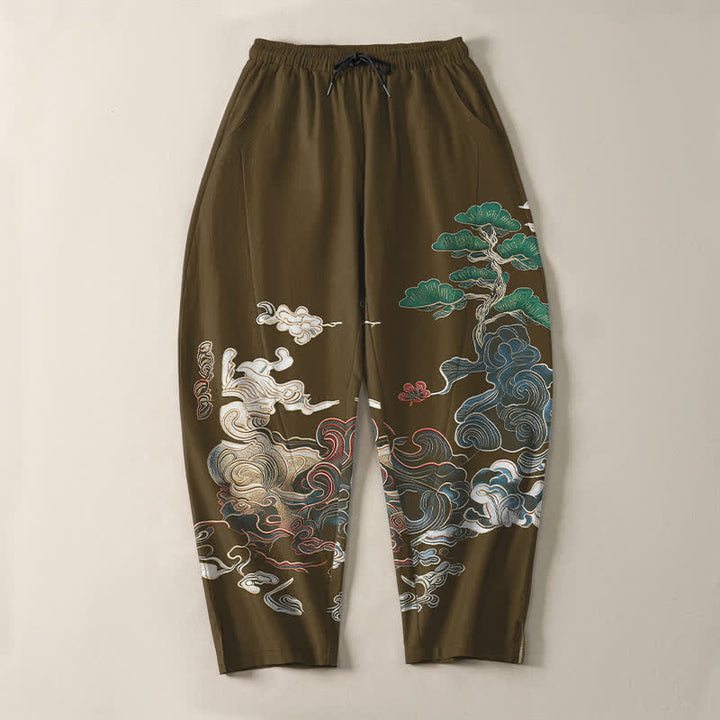 Buddha Stones Pantaloni da uomo affusolati con coulisse e tasche, in puro cotone, con motivo a onde Cloud Pine. - image 13