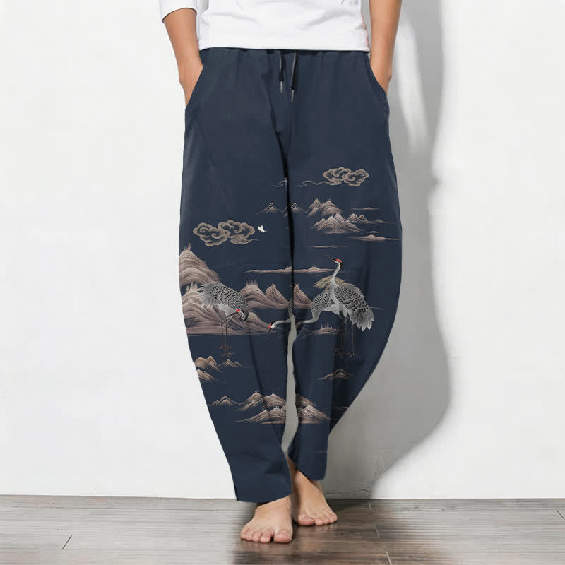 Buddha Stones Pantaloni da uomo affusolati con coulisse e tasche, in puro cotone, con motivo gru, nuvole e montagne. - Blu notte - US/UK/AU50, EU60 (5XL) - image 7