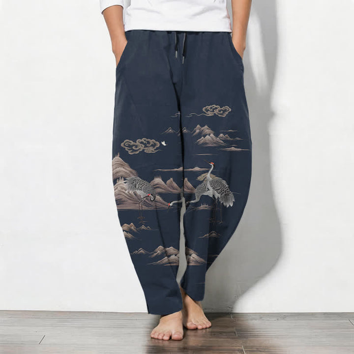 Buddha Stones Pantaloni da uomo affusolati con coulisse e tasche, in puro cotone, con motivo gru, nuvole e montagne. - Blu notte - US/UK/AU50, EU60 (5XL) - image 7