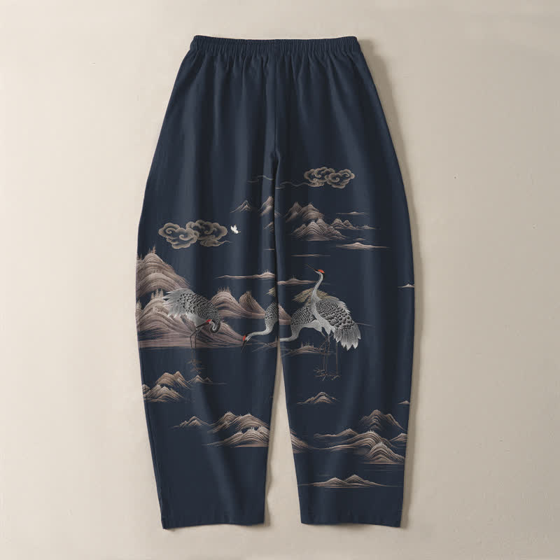 Buddha Stones Pantaloni da uomo affusolati con coulisse e tasche, in puro cotone, con motivo gru, nuvole e montagne. - image 10